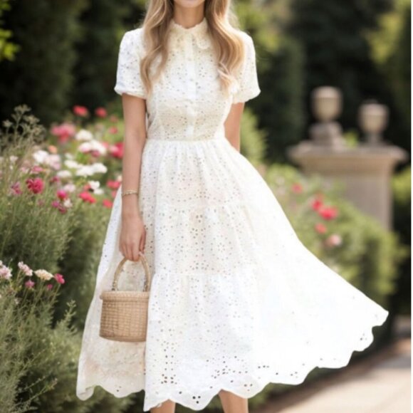 Chicwish Dresses & Skirts - Women's Chicwish White Crochet Collar Embroidered Eyelet Cotton Dress NWT White
